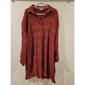 Umgee Rust Orange Ribbed Button Front Tunic Shirt Dress Large Boho Peasant